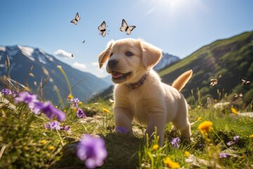 Puppy Retriever with two white doves flying in the background with a blue sky and beautiful,...