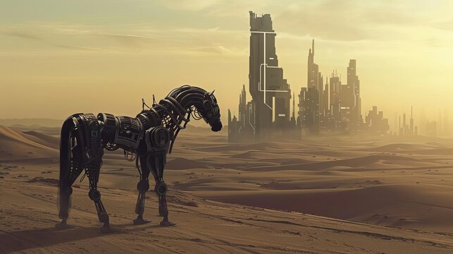 Robotic Horse Trekking Through Post-Apocalyptic Desert Landscape with Futuristic City Silhouette