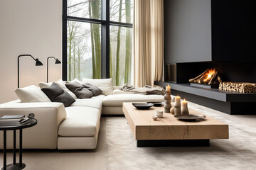 Minimalist interior design of modern living room, home with fireplace.