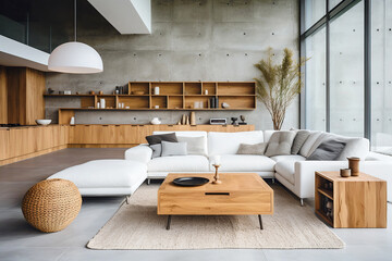 Loft interior design of modern living room, home. Studio apartment with white sofa against concrete wall.