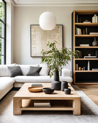 Scandinavian interior design of modern living room, home. White sofa and wooden bookcase.