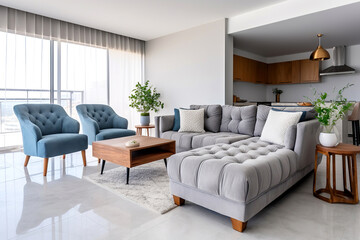 Scandinavian interior design of modern living room, home. Two blue armchairs and grey sofa in studio apartment.