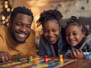 Joyful family game night, living room, warm tones, close-up, laughter, high angle.