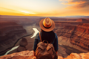 Woman traveler in hat enjoying the panoramic view of the Grand Canyon of Fish River during bright sunset