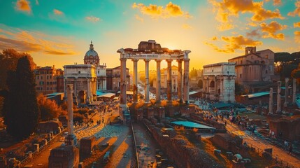 Sunset Over the Ruins of the Roman Forum in Rome, Italy - obrazy, fototapety, plakaty