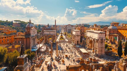Aerial View of Roman Forum Crowded with Tourists in Italy - obrazy, fototapety, plakaty