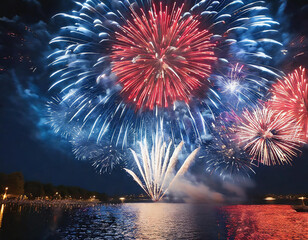 Feu d'artifice coloré, au dessus de la mer
