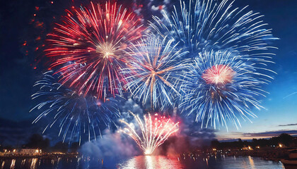 Feu d'artifice color&eacute;, au dessus de la mer - Illustration de la f&ecirc;te nationale du 14 juillet en France