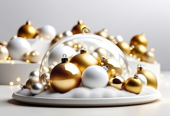 Christmas 3d white glass snow ball dome with white and gold christmas balls.