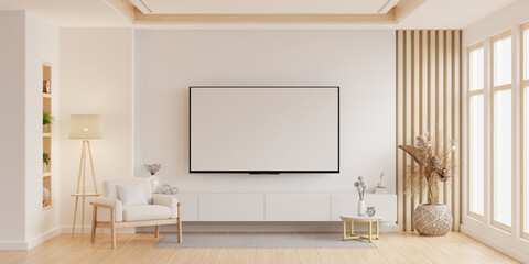 Mockup a white TV with armchair in living room with a white wall - 760999140
