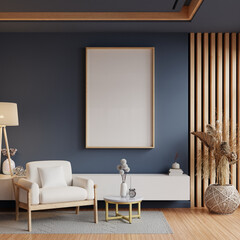 Fototapeta na wymiar Poster mockup with vertical frames on empty dark blue wall in living room interior