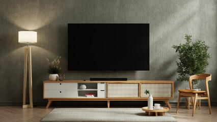Mockup a TV wall mounted with leather armchair in living room with a concrete wall - 760999176