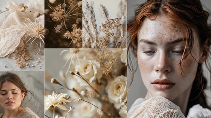 Beauty photo montage of the theme of Skincare, Redhead auburn caucasian skin, themed floral, minimalist, decorative beauty approach, brown hair, dried plants, glamour themed artwork  - obrazy, fototapety, plakaty