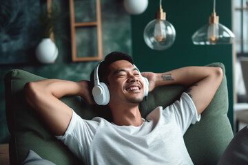 Young Asian man with hands behind head, relaxing on sofa and listening to music with headphones at home. Relaxed young man lying on sofa with music. Relaxing lifestyle, people and technology concept