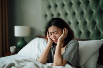 Young Asian woman feeling sick and suffering from a headache, massaging forehand to relieve the pain, sitting on the bed and taking a rest at home - obrazy, fototapety, plakaty