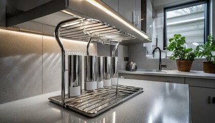 stainless kitchen.a sleek and modern kitchen over sink drying rack with integrated LED lighting for added functionality. The composition should feature a polished chrome finish with illuminated drying