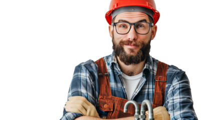 Portrait of a construction worker smiling with helmet, close-up portrait, isolated on a transparent background
