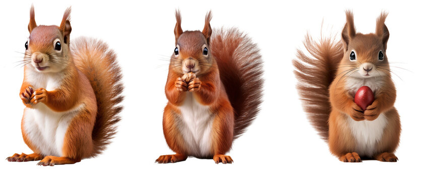 Red squirrel eating nuts, standing portrait, isolated on a transparent background