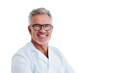 Portrait of a smiling senior male doctor/dentist wearing glasses, isolated on transparent background