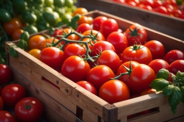 Fresh red tomatoes in wooden box, agriculture, farming and harvesting - obrazy, fototapety, plakaty