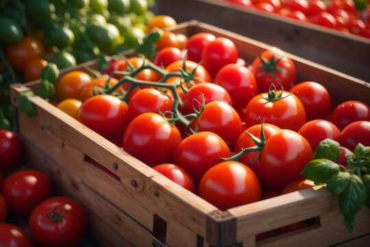 Fresh red tomatoes in wooden box, agriculture, farming and harvesting