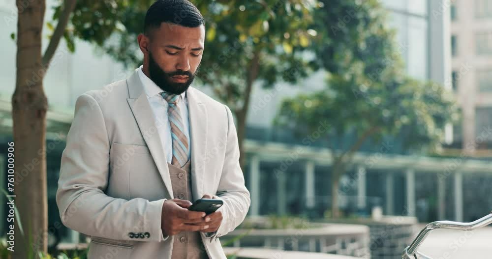 Canvas Prints Business man, phone and texting in city with communication, chat or email notification on sidewalk. Entrepreneur, person and smartphone for contact, networking and click on urban road in Colombia