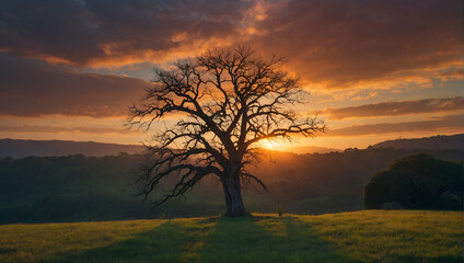 Fototapeta na wymiar Sunrise Golden Hour with Lone Giant Tree