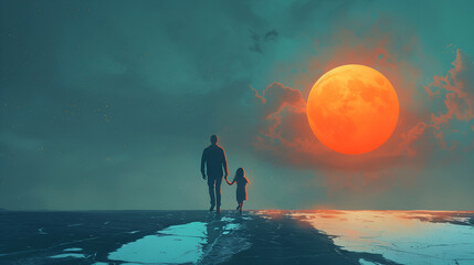 A father and a little girl walking together, the view. Generative AI