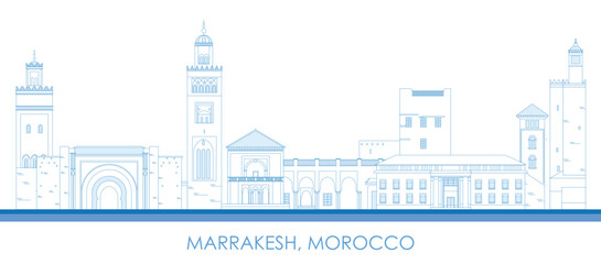 Outline Skyline panorama of town of Marrakesh, Morocco - vector illustration