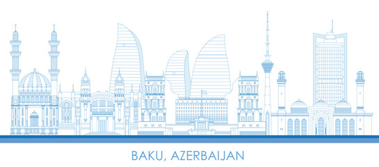 Outline Skyline panorama of town of Baku, Azerbaijan - vector illustration - 761001772