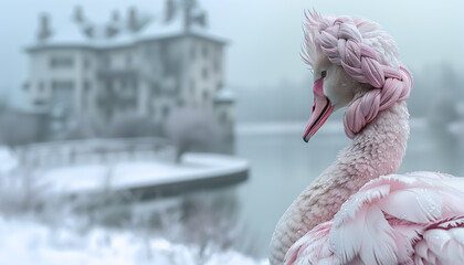 Łabędź fantasy patrzący w kierunku pałacu nad jeziorem zimą
