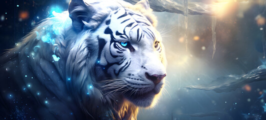 photograph of a white tiger adorned in celestial sun and moon, ai generative
