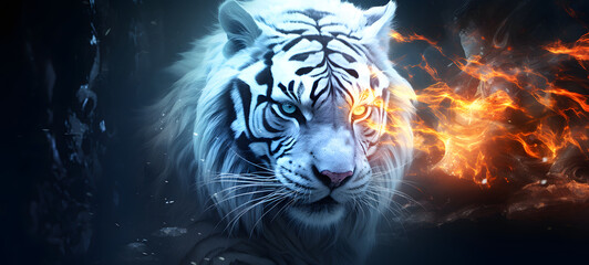 photograph of a white tiger adorned in celestial sun and moon, ai generative