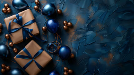 Gifts and balloons in front royal blue background