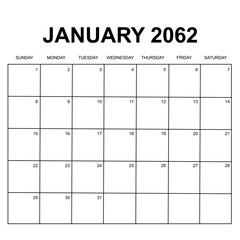 january 2062. monthly calendar design. week starts on sunday. printable, simple, and clean vector design isolated on white background.