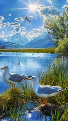 Red billed gulls, mallard, wetlands, grass, blue lake water, mountains in the distance, Sunny,...