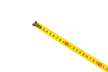 Yellow tape measure isolated on neutral background. Measurement concept. Masonry concept