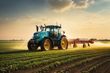Tractor machine spraying pesticide fertilizer on soybean crop farmland. agriculture, farming and harvesting
