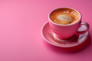 Cup of Coffee on Saucer on Pink Background. Generative AI