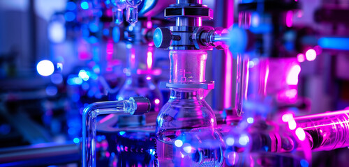 Close-up on precision and complexity of a bioreactor's tubing and bottles, illuminated by rich violet light. Emphasizing depth of knowledge in biotechnological fields - obrazy, fototapety, plakaty