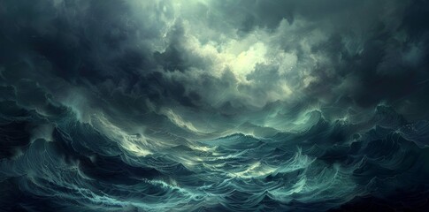 Majestic Stormy Seascape and Dynamic Skies, Dark Clouds, Ominous Portent, Global Weather Disruptions. Generative AI
 - obrazy, fototapety, plakaty