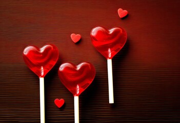 Two lollipops. Red hearts. Candy. Love concept. Valentine day.