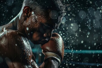 Fototapeta premium Boxer defending in the ring under the rain