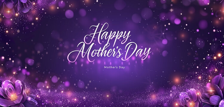 Deep purple background with sparkling glitter effects and "Happy Mother's Day" written very big, creating a sense of mystery and enchantment