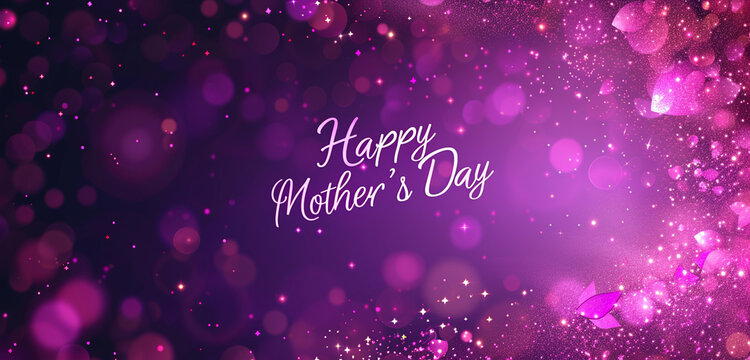 Deep purple background with sparkling glitter effects and "Happy Mother's Day" written very big, creating a sense of mystery and enchantment