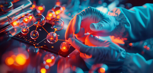 Detailed image of space gloves engaging switches on a nuclear magnetic resonance (NMR) spectrometer, orange-red light flashing, hands analyzing molecular structures - obrazy, fototapety, plakaty