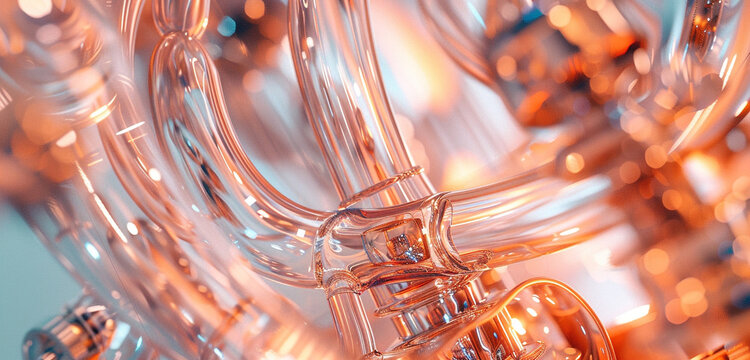 Detailed image highlighting the textures and reflections on a bioreactor and its tubing under soft peach light. Showcasing the delicate balance of form and function in scientific equipment