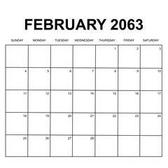 february 2063. monthly calendar design. week starts on sunday. printable, simple, and clean vector design isolated on white background. - obrazy, fototapety, plakaty