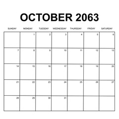 october 2063. monthly calendar design. week starts on sunday. printable, simple, and clean vector design isolated on white background.