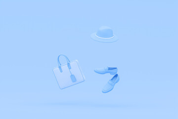 Men fashion accessories bag, dress ,shoes, shirt, high heels, perfume, gift box in bag shopping on pastel blue background. Advertisement idea. Creative compositing. 3d render	